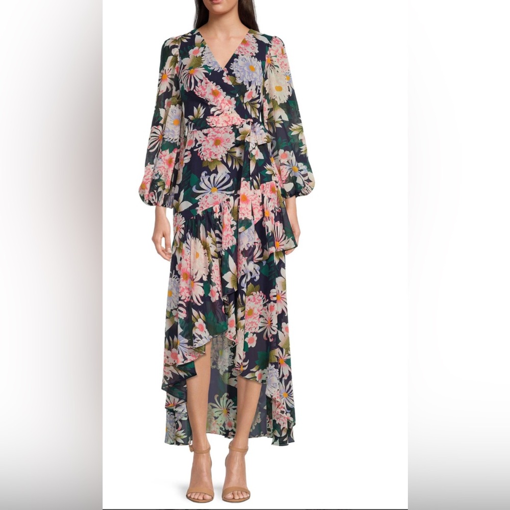 Eliza J Floral Print 3/4 Balloon Sleeve Faux Wrap Hi-Low Maxi Dress